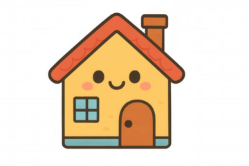 Kawaii cartoon house character with a smiling face and rosy cheeks, representing comfort, safety, and a happy home