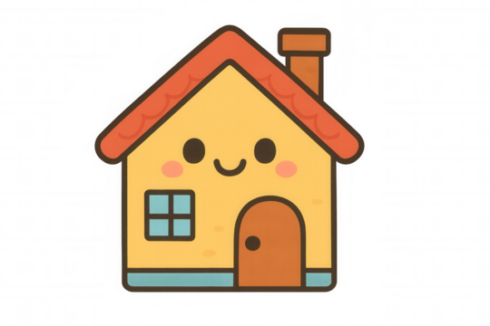 Kawaii cartoon house character with a smiling face and rosy cheeks, representing comfort, safety, and a happy home