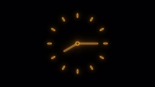 Orange Neon Clock Rotate Animation with Solid Black Background. Smooth Glowing Analog Time Rotation Perfect for Futuristic Technology and Business Projects in 4K. Simple Countdown and Clock Time Motio