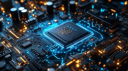 Advanced circuit board with glowing blue and orange microchip connections in modern technology