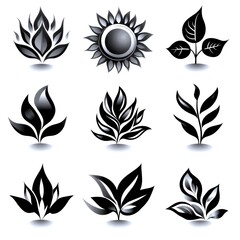 and designs of nature elements showcasing sun and various leaves in