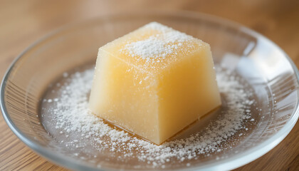 A single pyramid-shaped yellow fruit jelly dessert elegantly dusted with powdered sugar and served on a clear glass dish with a blurred background