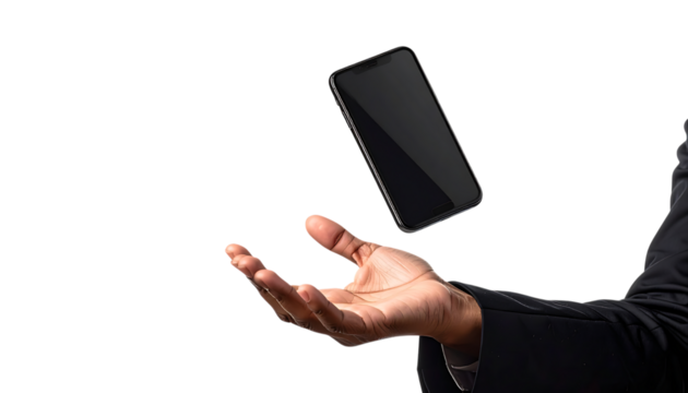 浮遊するスマートフォンに触れるビジネスウーマンの手によるデジタル操作イメージ｜背景なし・透過PNG・コピースペース