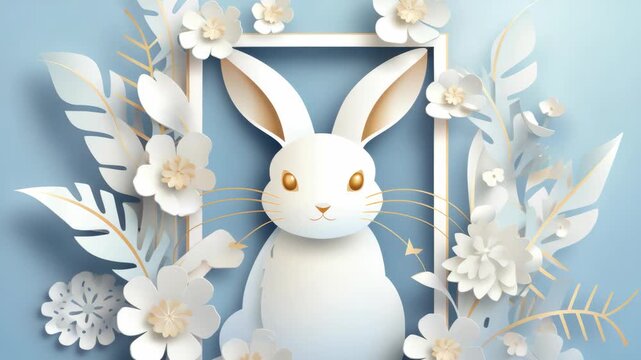 Charming white rabbit with flowers and blue frame. Perfect for spring holiday celebrations.