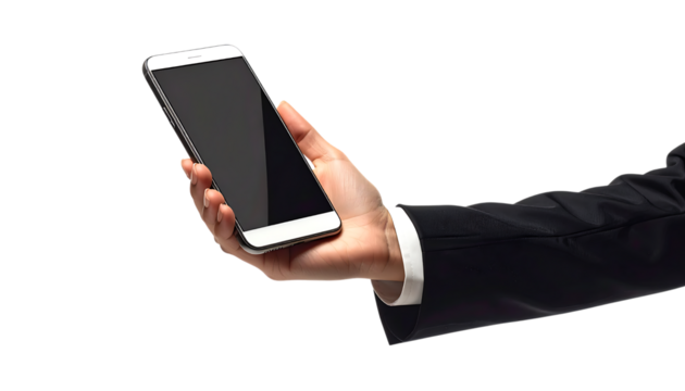 浮遊するスマートフォンに触れるビジネスウーマンの手によるデジタル操作イメージ｜背景なし・透過PNG・コピースペース