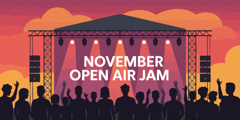 A concert scene with a stage lights and a silhouetted crowd set against a sunsetcolored sky