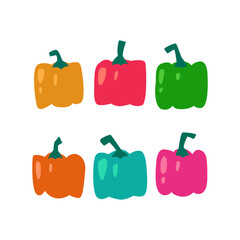 Six Colorful Bell Peppers in Bright Colors Arranged in Two Rows, Modern Food Illustration
