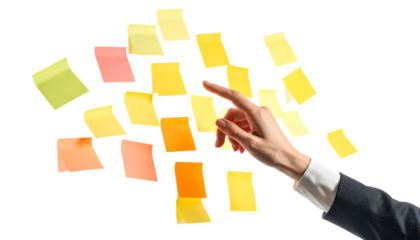 浮遊する付箋を操作する女性の手が象徴するタスク管理と発想の可視化 ｜背景なし・透過PNG・コピースペース