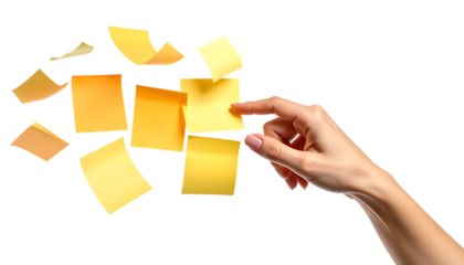 浮遊する付箋を操作する女性の手が象徴するタスク管理と発想の可視化 ｜背景なし・透過PNG・コピースペース