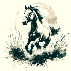 Majestic horse gallops through tall grass beneath a full moon at twilight near a serene landscape
