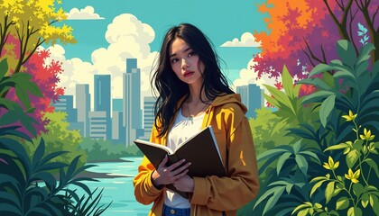 illustration of young woman standing in garden with city skyline background