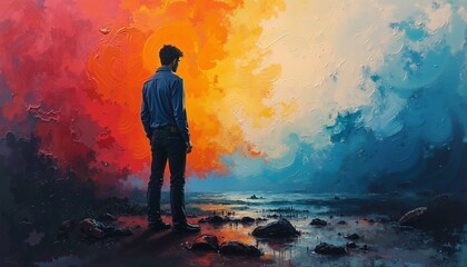 digital painting of man standing on rocky shore with back to viewer