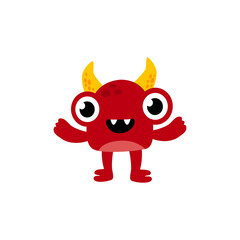 Cute Red Monster Cartoon Character With Horns, Big Eyes, and Friendly Smile for Kids and Entertainment