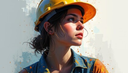 digital portrait of young woman wearing yellow hard hat and denim vest