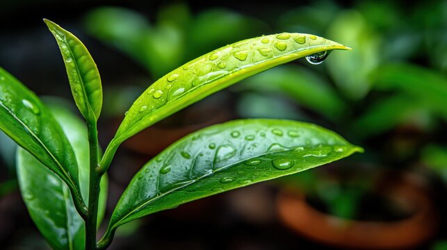 Close up of fresh green leaves with water droplets enhancing natural beauty