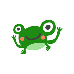 Happy Cartoon Frog Waving Cheerfully, Green Cute Mascot Character for Kids and Market