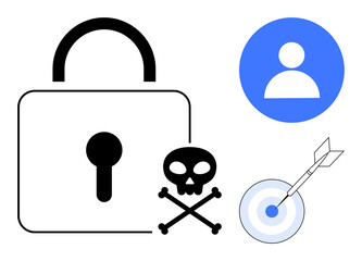 Lock and keyhole emphasize security, skull warns of digital threats, target symbolizes precision, and user icon highlights personal data. Ideal for data security, risk, hacking, privacy, safety