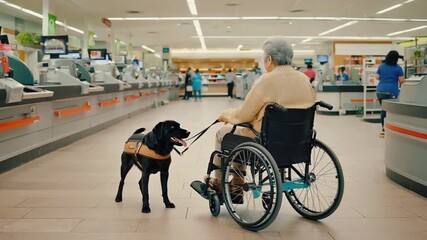Senior person in a wheelchair with a guide dog in a supermarket.