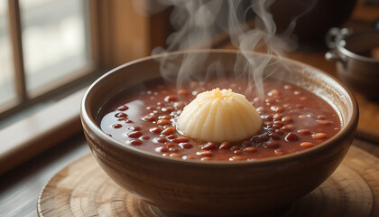 A steaming bowl of hearty brown soup topped with a delicate dollop of white puree, perfect for a cozy meal
