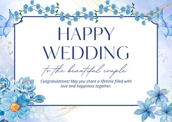Wedding Card with Blue Flowers, Butterflies, and Text