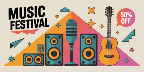 Obraz premium Music festival graphic with speakers guitar microphone stars and a 50 off bubble