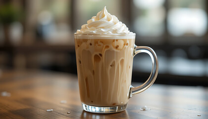 A refreshing iced coffee beverage in a clear glass mug, generously topped with a swirl of whipped cream on a wooden table