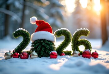 Numbers 2026 made from pine with Santa hat and balls in snowy forest.