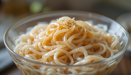 A delicate serving of translucent Asian noodles in a clear glass bowl, garnished with savory seasoning on a wooden surface