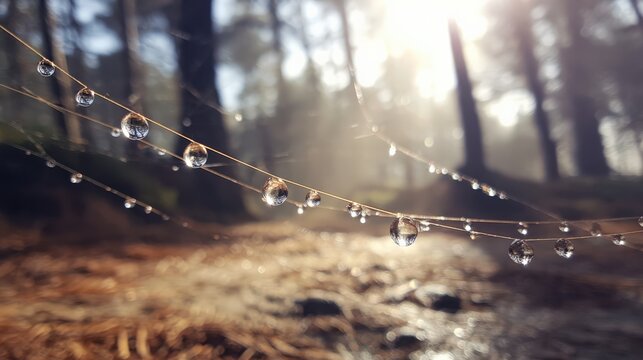 Morning dew on spider web with sunlight filtering through forest trees - Powered by Adobe