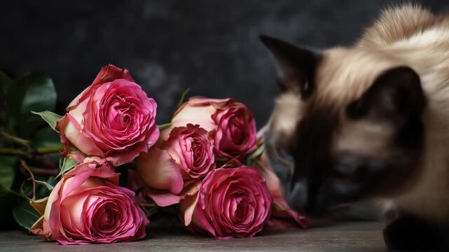 Siamese cat observes a bouquet of pink roses against a dark backdrop