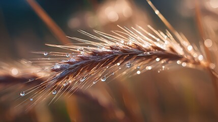 Close up of wheat grain with dew droplets reflecting morning light