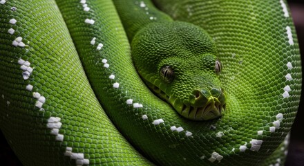 Obraz premium Emerald tree boa coiled on a branch with vibrant green scales and white markings. A stunning tropical snake from South America’s rainforests.