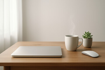 Minimalist home office desk with closed laptop, coffee mug and plant