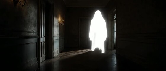 Apparition of glowing ghostly figure standing in dim candlelit corridor, ethereal mood, captured in chiaroscuro composition – perfect for paranormal mystery art and horror storytelling