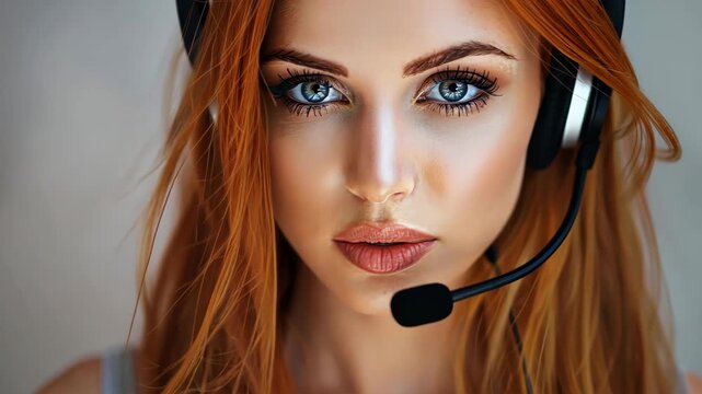 Headset in Call: A striking young woman with vibrant red hair and captivating eyes engages in a call, showcasing her expertise and attentiveness.