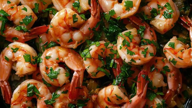 A plate full of juicy shrimp seasoned with fresh herbs and spices.