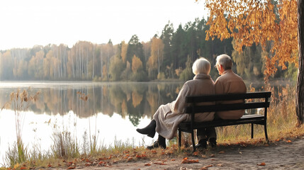 Elderly couple sitting on bench by autumn lake enjoying serene view. Senior man and woman relaxing together watching golden sunset reflection on water with colorful fall forest in background.