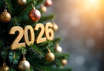 New year numbers 2026 on Christmas tree. Copy space.