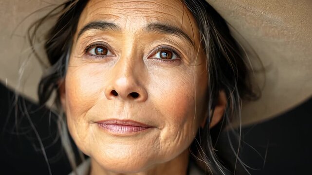 Resilient Spirit: Captivating portrait of a mature woman exuding strength, wisdom, and a lifetime of stories behind her gentle eyes.