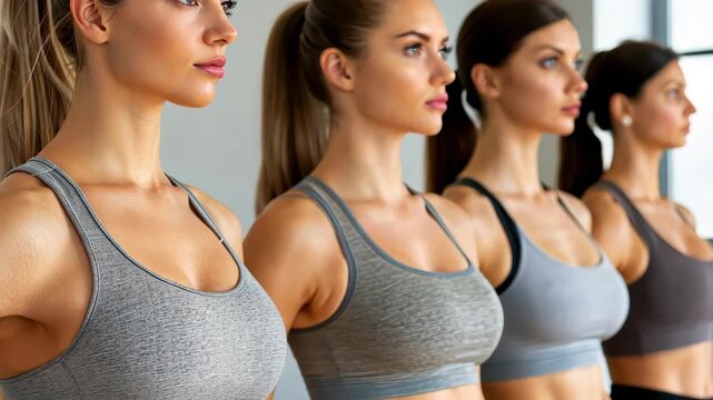 Fitness Group Alignment: A synchronized group of athletic women, radiating strength and dedication, poised and focused, preparing for a fitness session or workout, promoting healthy living