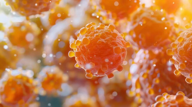 Ultra-close view of microscopic cells with nuclei and organelles.