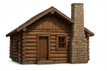 Log cabin with stone chimney, isolated, representing rustic living, housing, and traditional timber architecture