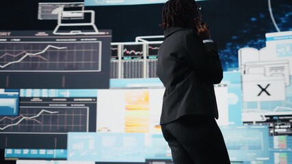 Manager doing telephone call with shareholders, talking about business market graphs, doing brainstorming. Businesswoman chatting with partners in call about financial reports, camera A - Powered by Adobe