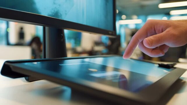 Technician adjusts settings on a desktop touchscreen to fix unresponsive areas and improve sensitivity for smooth user interaction.