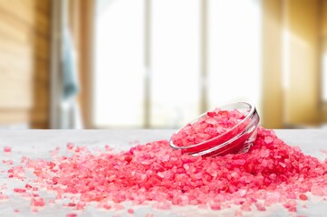 Mix of different colored aroma salt types on desk