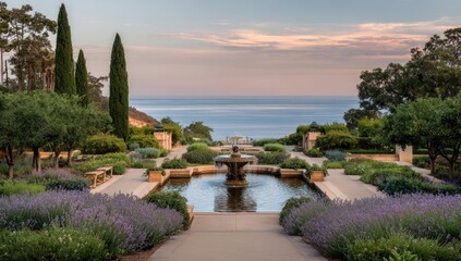 Fototapeta premium Formal garden with fountain overlooks the serene ocean at sunset.