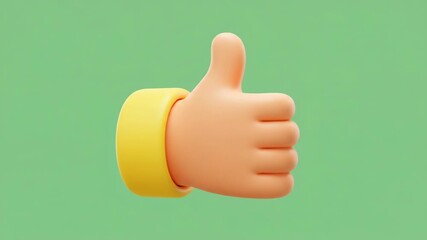 3d cartoon thumb up gesture with yellow cuff on green background
