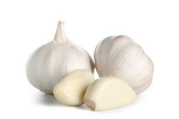 Fresh garlic and cloves on white background