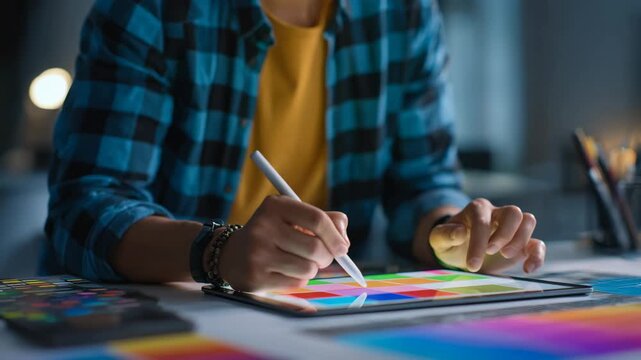 Medium shot of a designer creating a static banner ad layout on a digital tablet focusing on clean lines and vibrant color blocking.