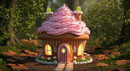 A whimsical, enchanting cupcake house, adorned with vibrant pink frosting and colorful sprinkles, nestled deep within a magical forest clearing, inviting sweet dreams and fairytale adventures